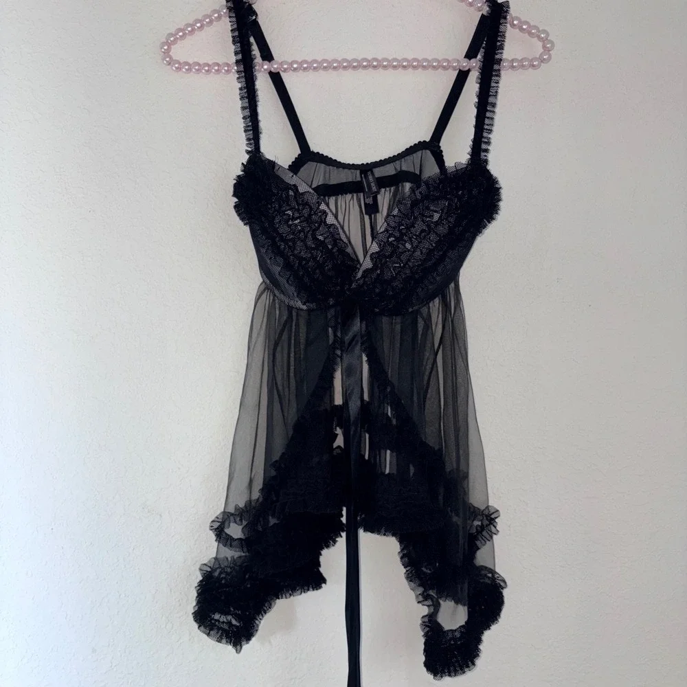 Victoria's Secret Babydoll Lingerie 34D Black Excellent Mesh Lace Ruffle Trim
